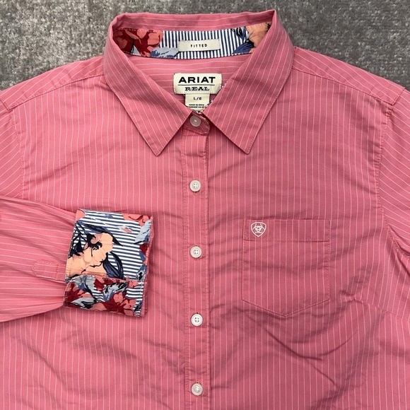 Ariat Tops - Ariat Long Sleeve Button Up Shirt Womens Large Flip Cuffs Fitted Pink Pinstriped